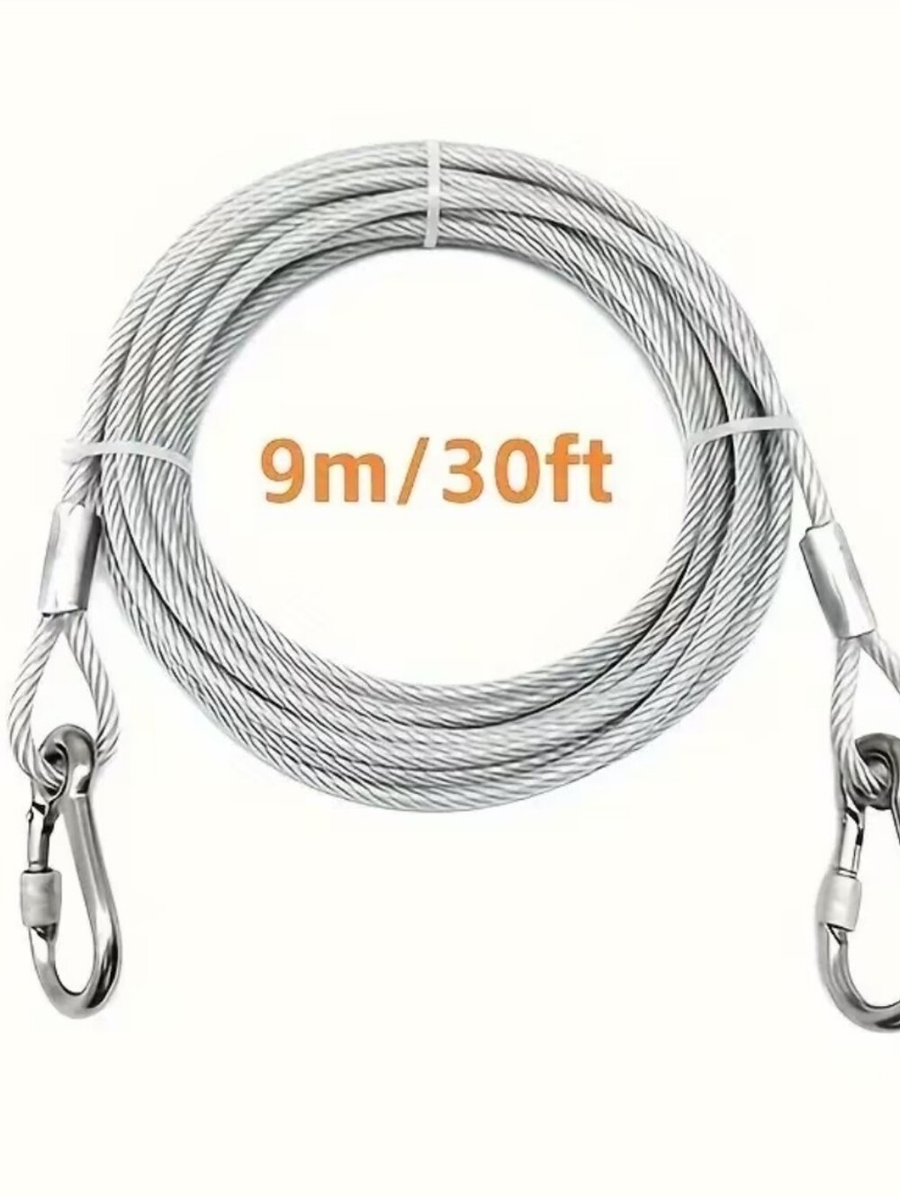 30ft (9m) Heavy Duty Steel Wire Rope Cable with Snap Hooks | Multi-Purpose Tie-O